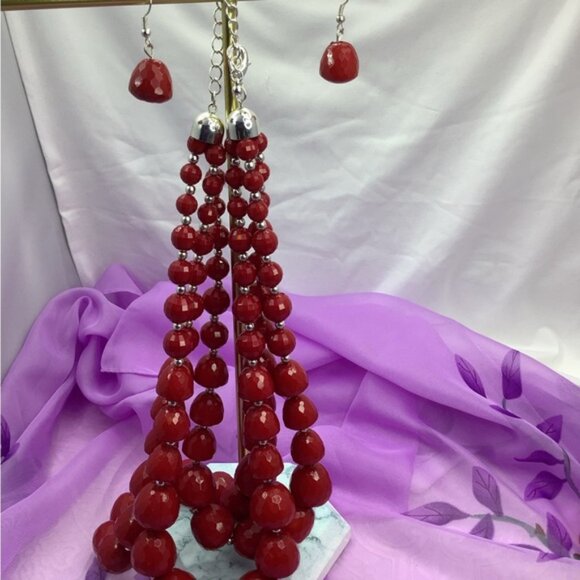 Ashley Stewart Bold Red Layered Necklace and Pierced Earrings set NWT - Picture 2 of 4